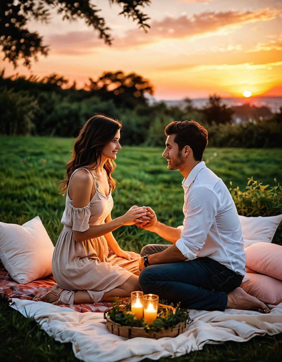 A pair of friends transformed into romantic partners, sharing a deep gaze that ignites passion, surrounded by a warm sunset backdrop symbolizing love. Include subtle elements like intertwined hands, a heart-shaped light, and a cozy picnic setting with soft cushions. Lush greenery in the background represents growth and connection, enhancing the overall atmosphere of romance. super-realistic. vibrant colors. warm tones.