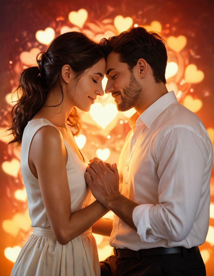 A romantic scene depicting a couple sharing an intimate moment, surrounded by glowing heart shapes and warm, inviting colors. The background features soft, blurred elements symbolizing love and connection, like intertwined hands or a candlelit dinner. Emphasize the couple's joyful expressions and the warmth of their embrace to evoke feelings of passion and emotional bonding. super-realistic. vibrant colors. soft focus.