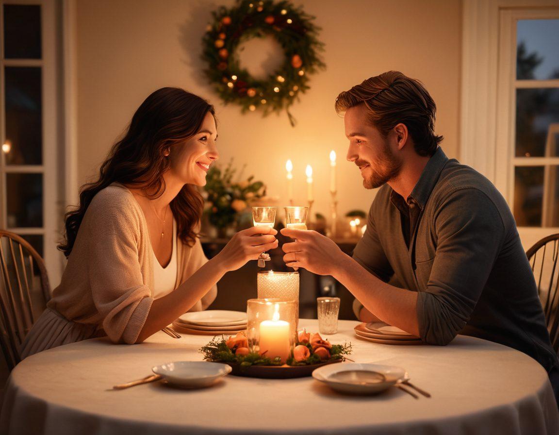 A cozy scene of a couple engaged in a meaningful conversation over a candlelit dinner, showcasing warmth and intimacy. Surround them with soft, comforting colors and a subtle ambiance of support, like gentle touches or shared smiles. Include decorative elements like a heart-shaped centerpiece and intimate gestures that symbolize relationship goals. super-realistic. warm colors. soft focus.